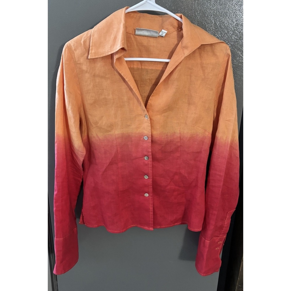 Farinaz Taghavi Women's 6 Linen‎ Button Up Shirt Ombré Tropical Vacation Blouse